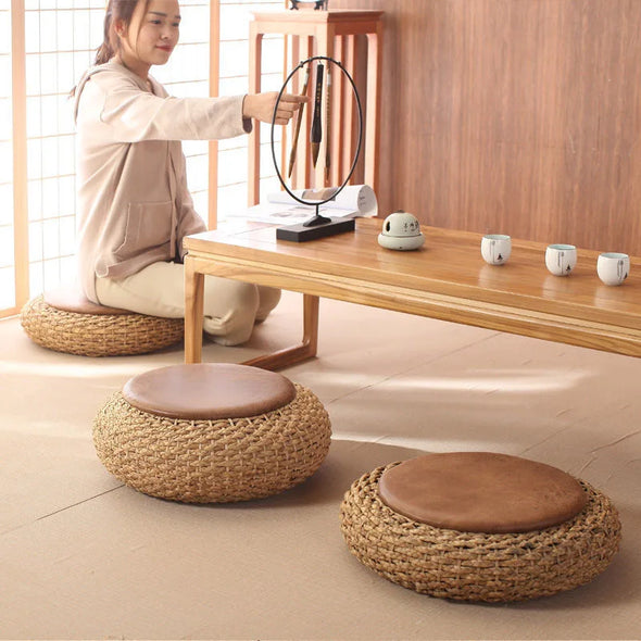 Modern Straw Round Pouf Ottoman