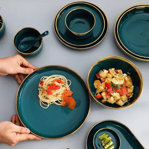 Gilt Rim Black Porcelain Dinner Set