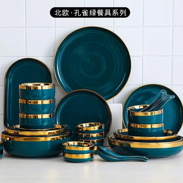 Gilt Rim Black Porcelain Dinner Set