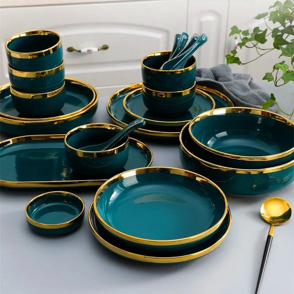 Gilt Rim Black Porcelain Dinner Set